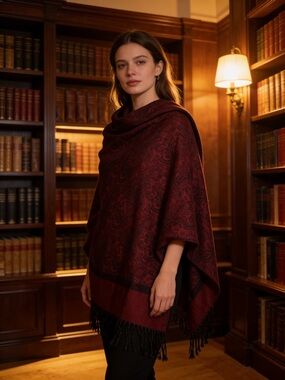pashmina Deep Burgundy Paisley Fringe Scarf